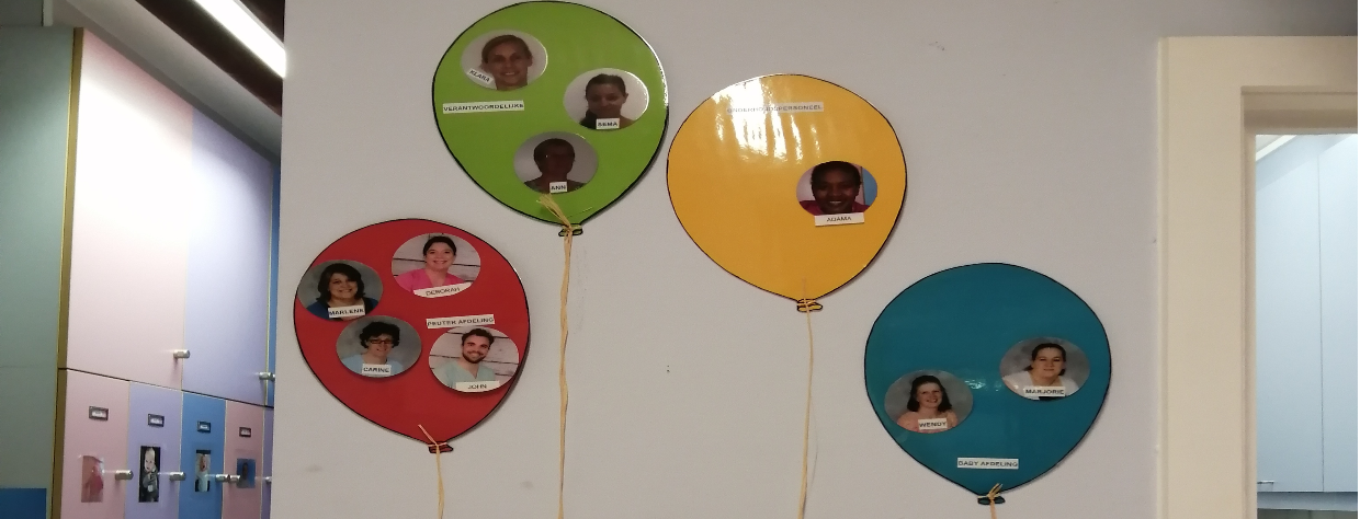 Mur décoré de ballons peints de couleurs différentes avec les photos des enfants